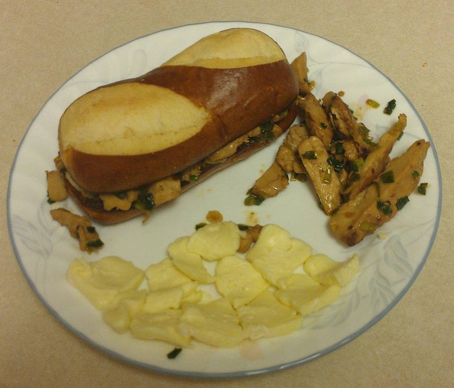 2013_02_09 Teriyaki Chicken on Soft Pretzel with Unripened Brie.jpg