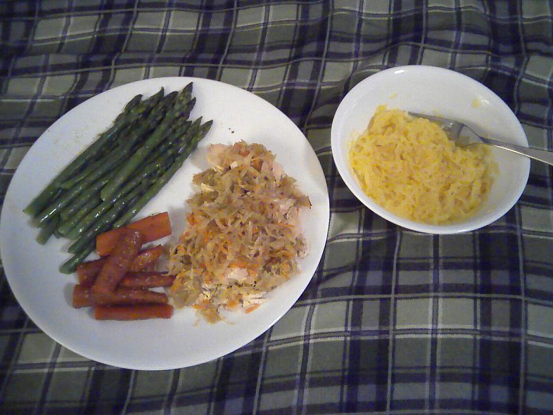 Chicken with homemade saurkraut, baked carrots, steamed asparagus and spaghetti squash.jpg