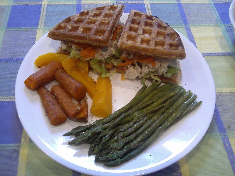 Fish salad on wheat waffles with carrots butternut squash and asparagus 2011_05_20.jpg