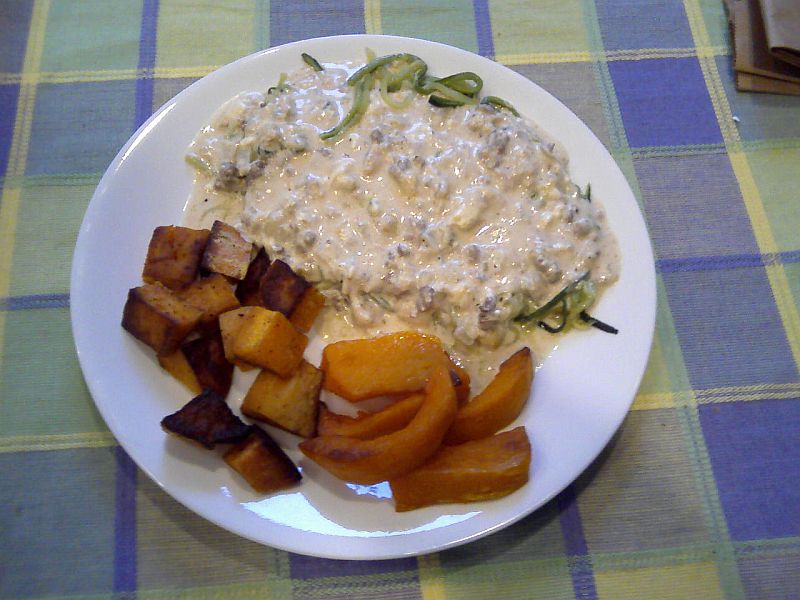 Gravy over Zucchini noodles with Baked sweet potato bites and butternut squash.jpg