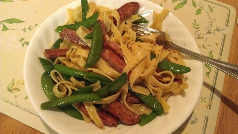 Spam bacon fat and creme fraiche on saffron pasta with sugar snap peas 2014-05-05.jpg